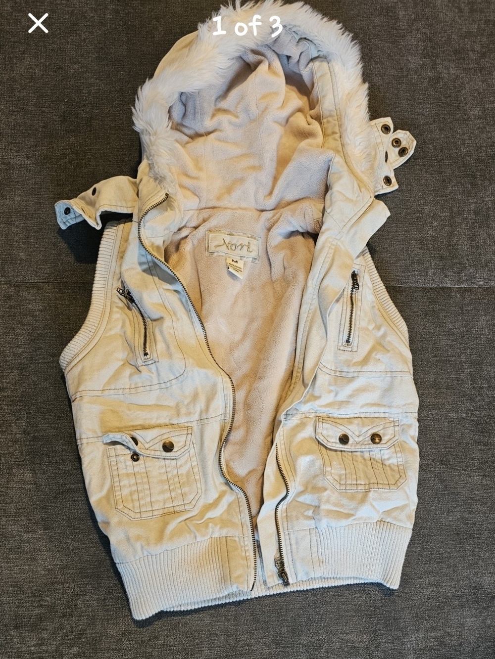 Women's Vintage Xori Beige Faux Fur Hooded Vest - Medium